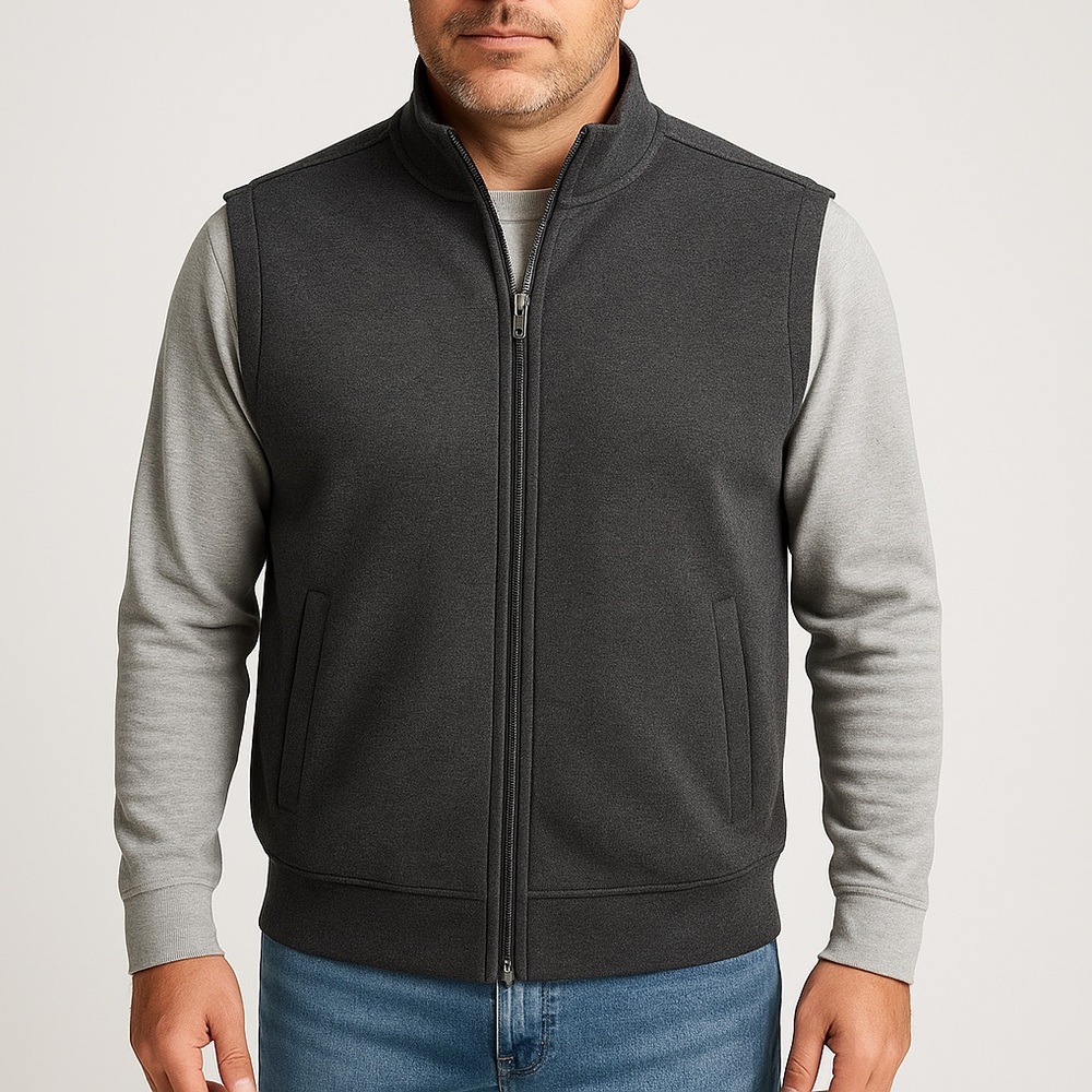 Carnoustie Men’s Gray Warm Lined Zip Vest XXL 100% Cotton Mock Neck, Double‑Zip